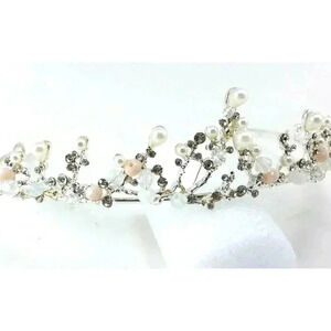Clear Rhinestone Pearl Beaded Silver Tone Tiara Crown SP0429
